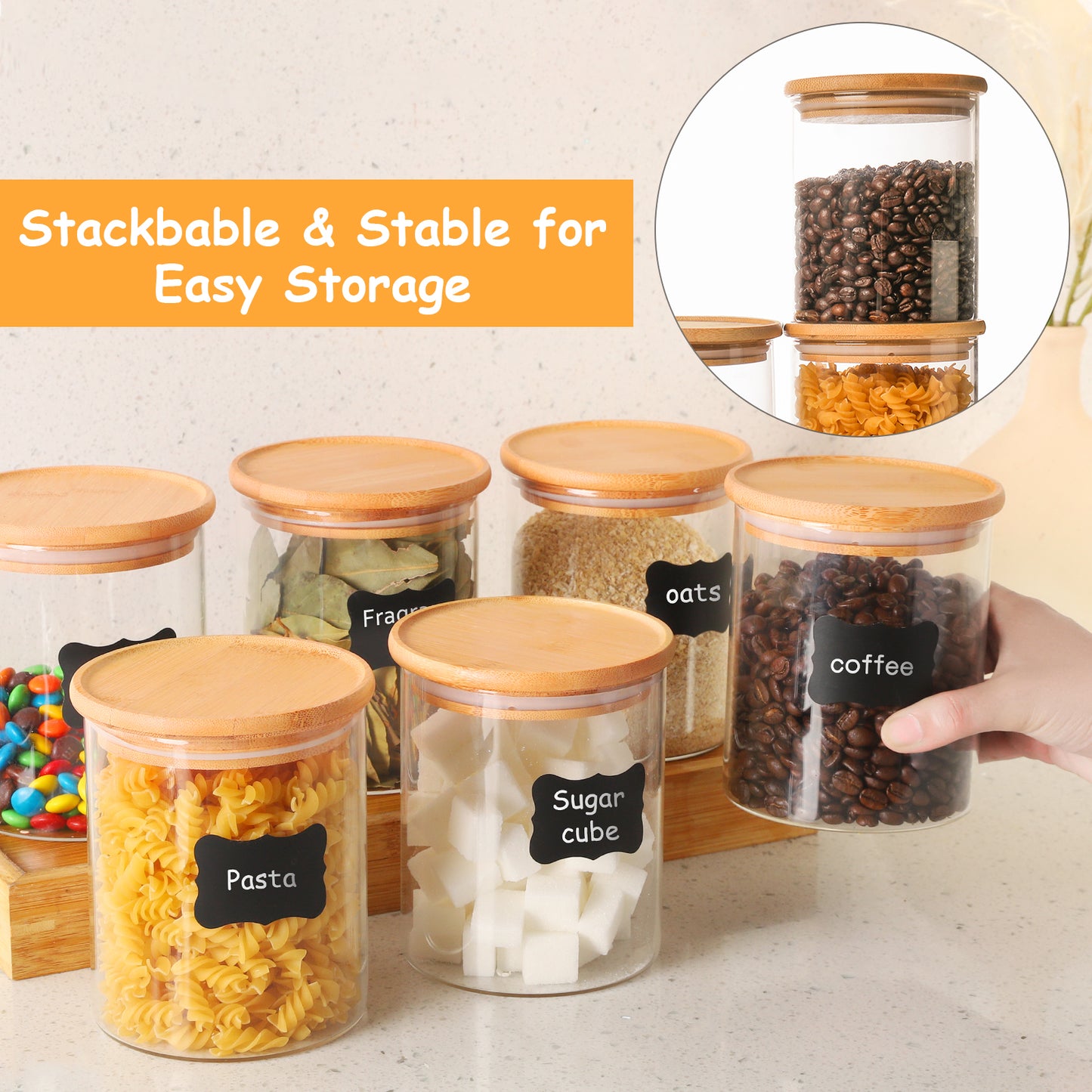 6-Pack 24 oz Glass Jars with Airtight Bamboo Lids - Food Storage Containers for Pantry, Spices, Cookies, and More - Durable Kitchen Canisters