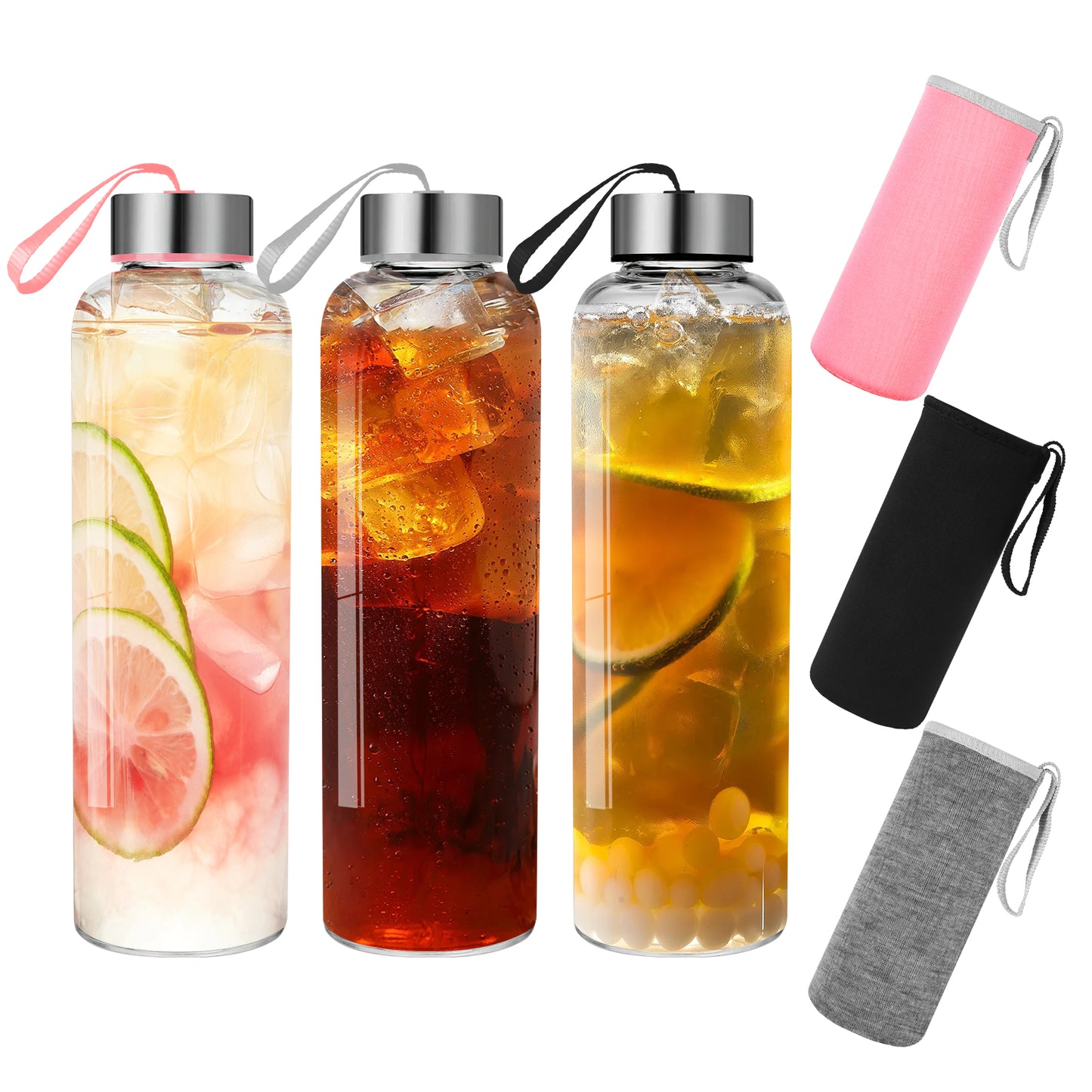 3-Pack 18 oz Glass Water Bottles with Sleeve and Lids – Ideal for Juices, Smoothies, and Reusable Liquid Storage, Wide Mouth Design for Easy Cleaning