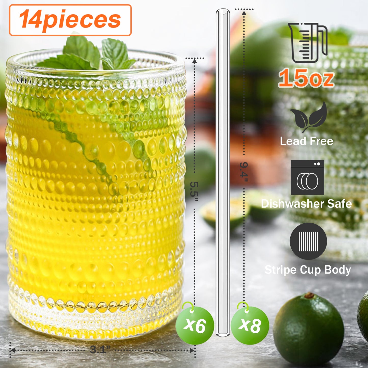 Vintage Hobnail Drinking Glasses Set of 6 - 15 oz Ribbed Highball Glasses, Classic Cocktail & Whiskey Glassware, Retro Stylish Drinkware with Straws, Durable & Elegant