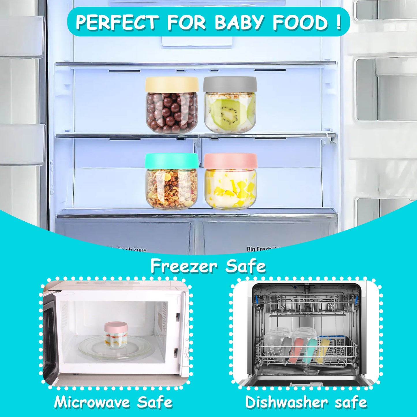 4-Pack 8 oz Glass Baby Food Containers with Lids, BPA-Free Storage Jars for Breast Milk, Fridge-Freezer & Microwave Safe