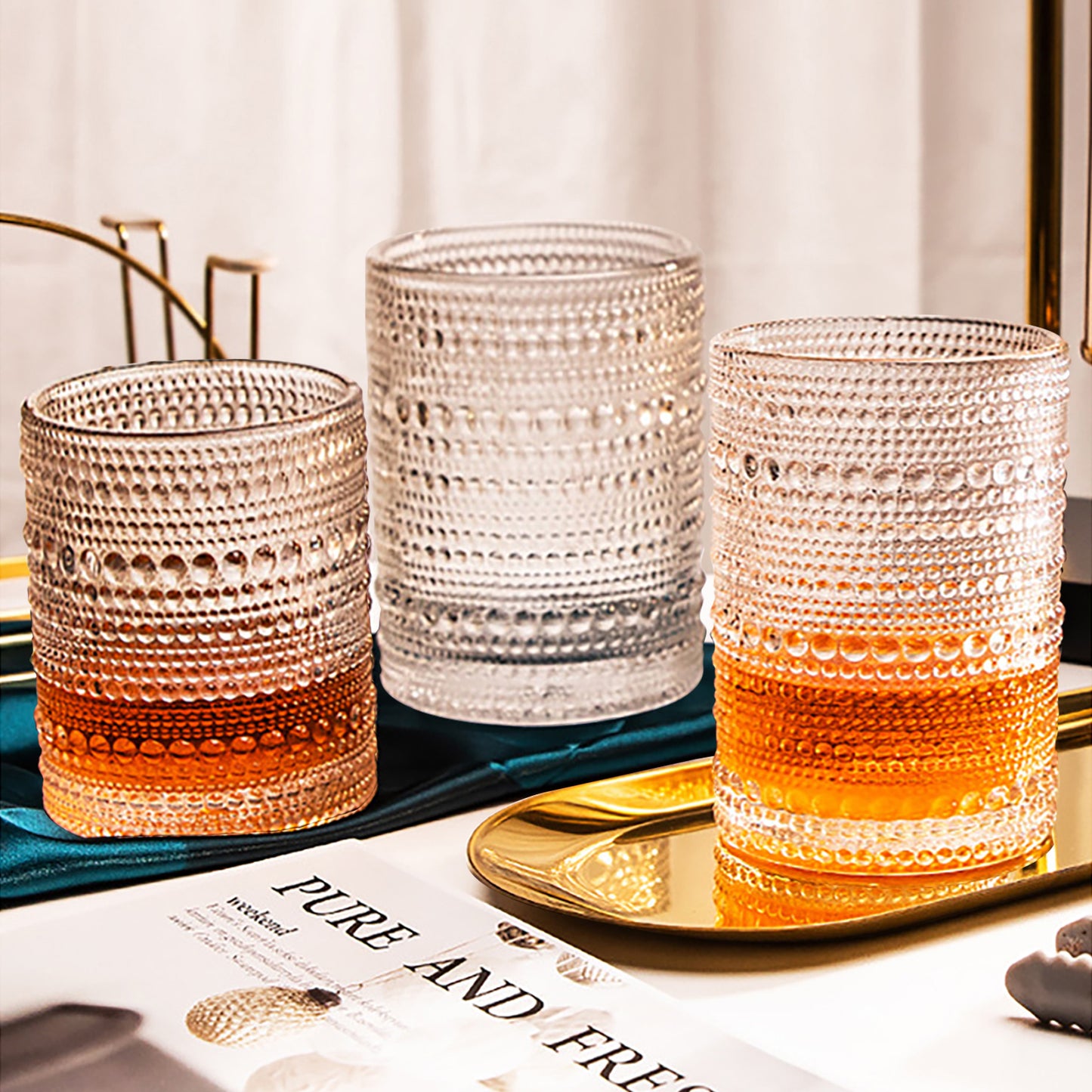 Vintage Hobnail Drinking Glasses Set of 6 - 15 oz Ribbed Highball Glasses, Classic Cocktail & Whiskey Glassware, Retro Stylish Drinkware with Straws, Durable & Elegant