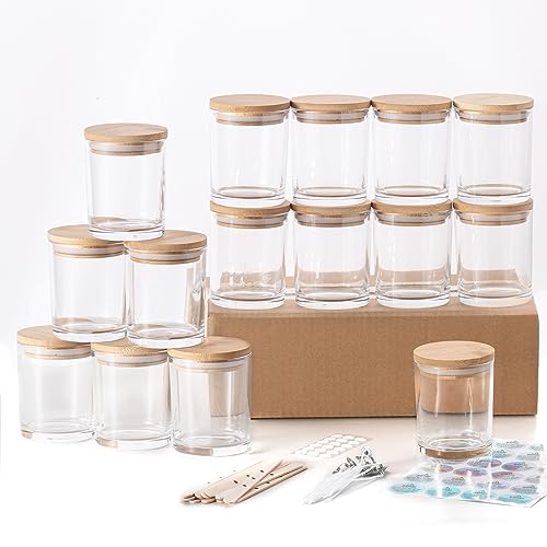 15 Pack 7 oz Clear Glass Candle Jars with Bamboo Lids – Candle Making Kit Includes Wick Holders, Wicks, Labels, and Glue Dots – Reusable and Versatile