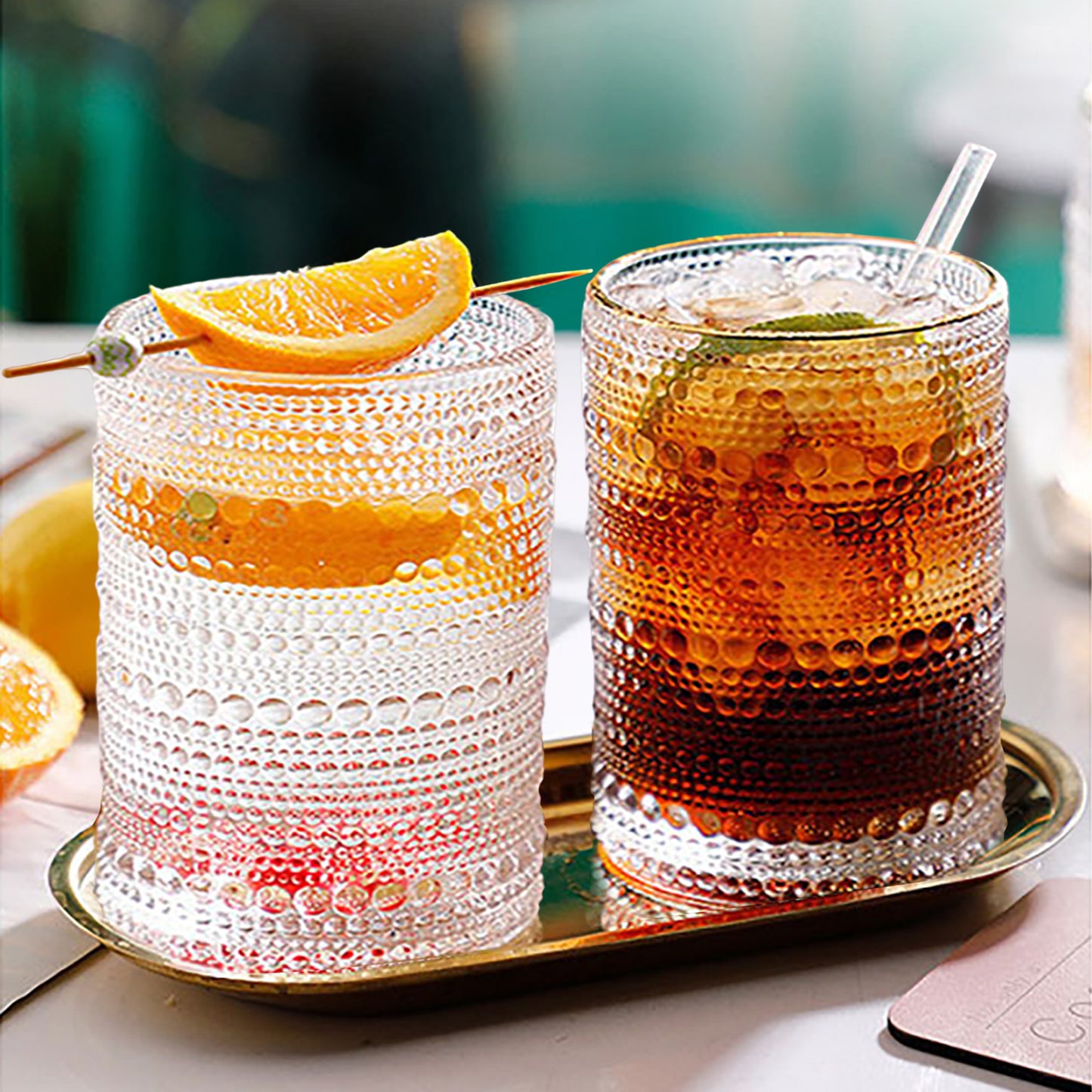 Vintage Hobnail Drinking Glasses Set of 6 - 15 oz Ribbed Highball Glasses, Classic Cocktail & Whiskey Glassware, Retro Stylish Drinkware with Straws, Durable & Elegant