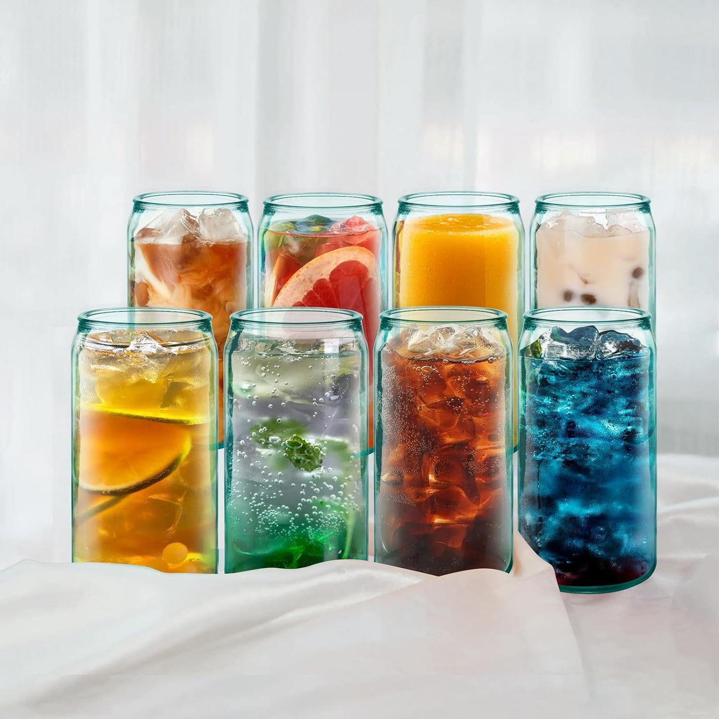 18 oz Can Shaped Drinking Glasses - 8 Pack with Reusable Straws, Recycled Glass Tumblers with Embossed Bee, Ideal for Beer, Iced Coffee, Water, and Fresh Drinks
