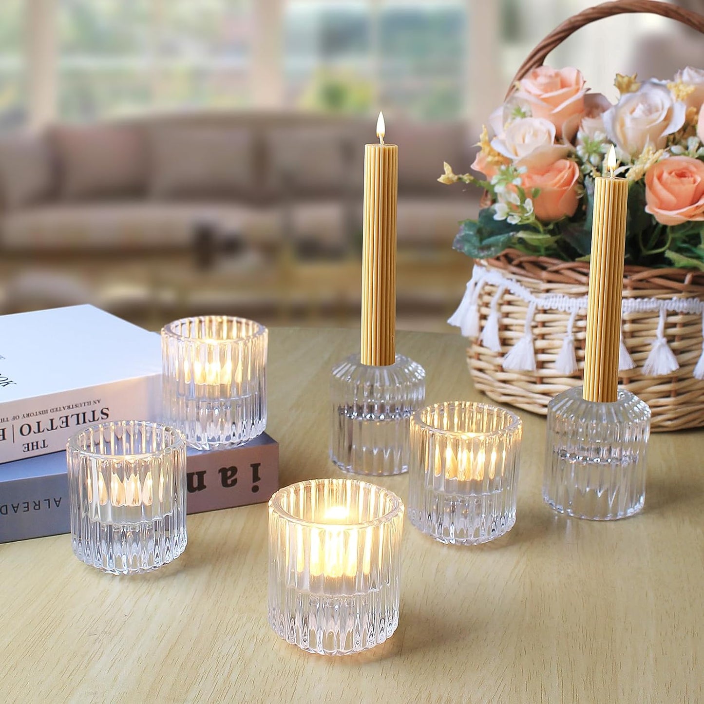 6 pcs Glass Candle Holders – Versatile Taper and Tealight Holders for Table Centerpieces, Weddings, Parties, and Festivals