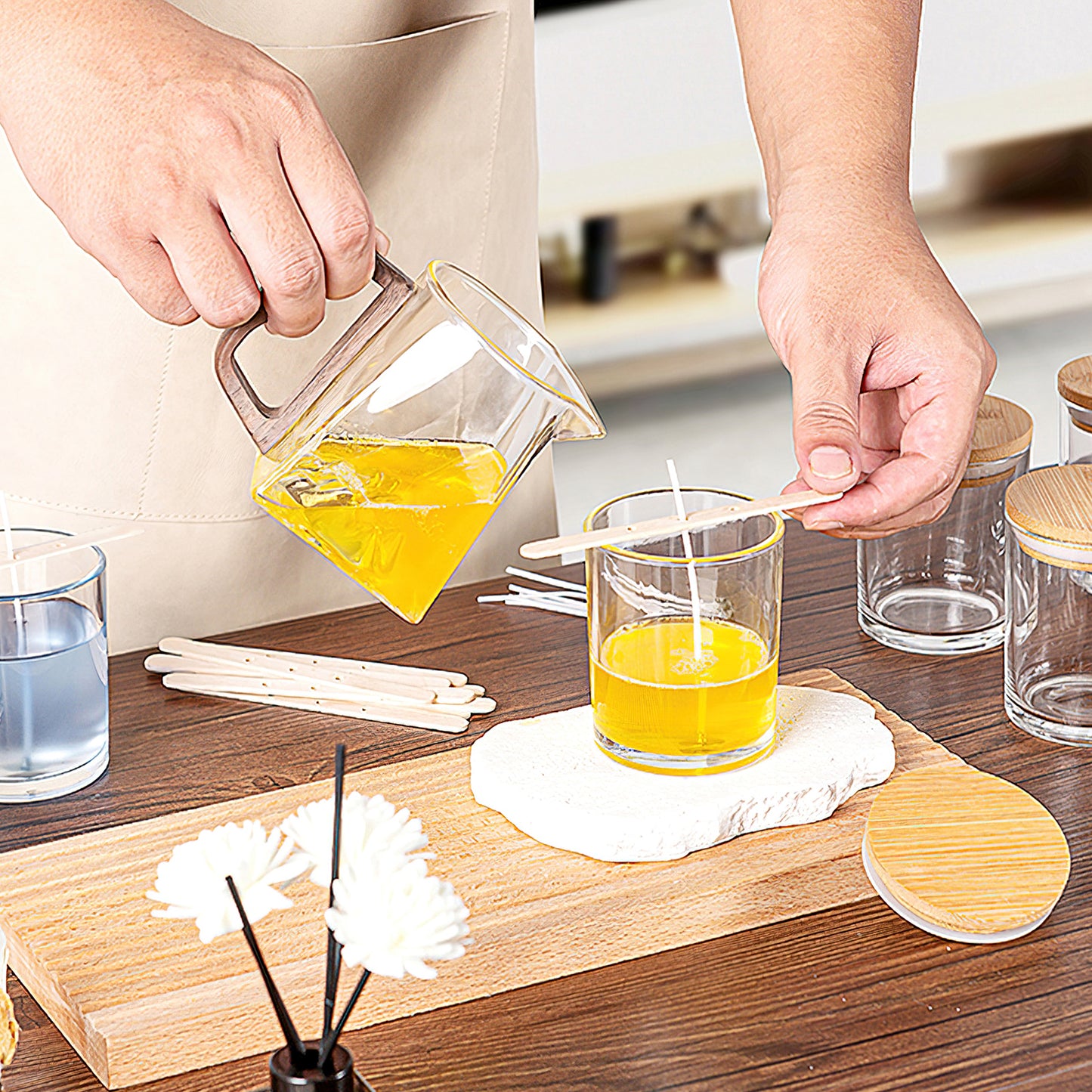 15 Pack 7 oz Clear Glass Candle Jars with Bamboo Lids – Candle Making Kit Includes Wick Holders, Wicks, Labels, and Glue Dots – Reusable and Versatile