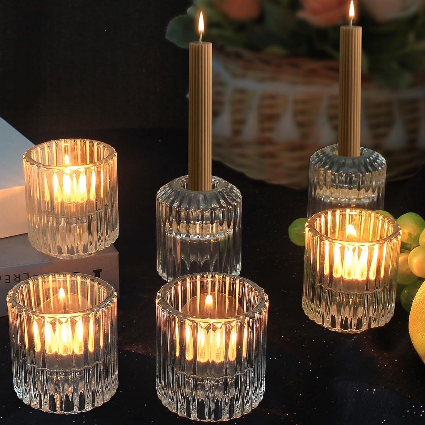 6 pcs Glass Candle Holders – Versatile Taper and Tealight Holders for Table Centerpieces, Weddings, Parties, and Festivals