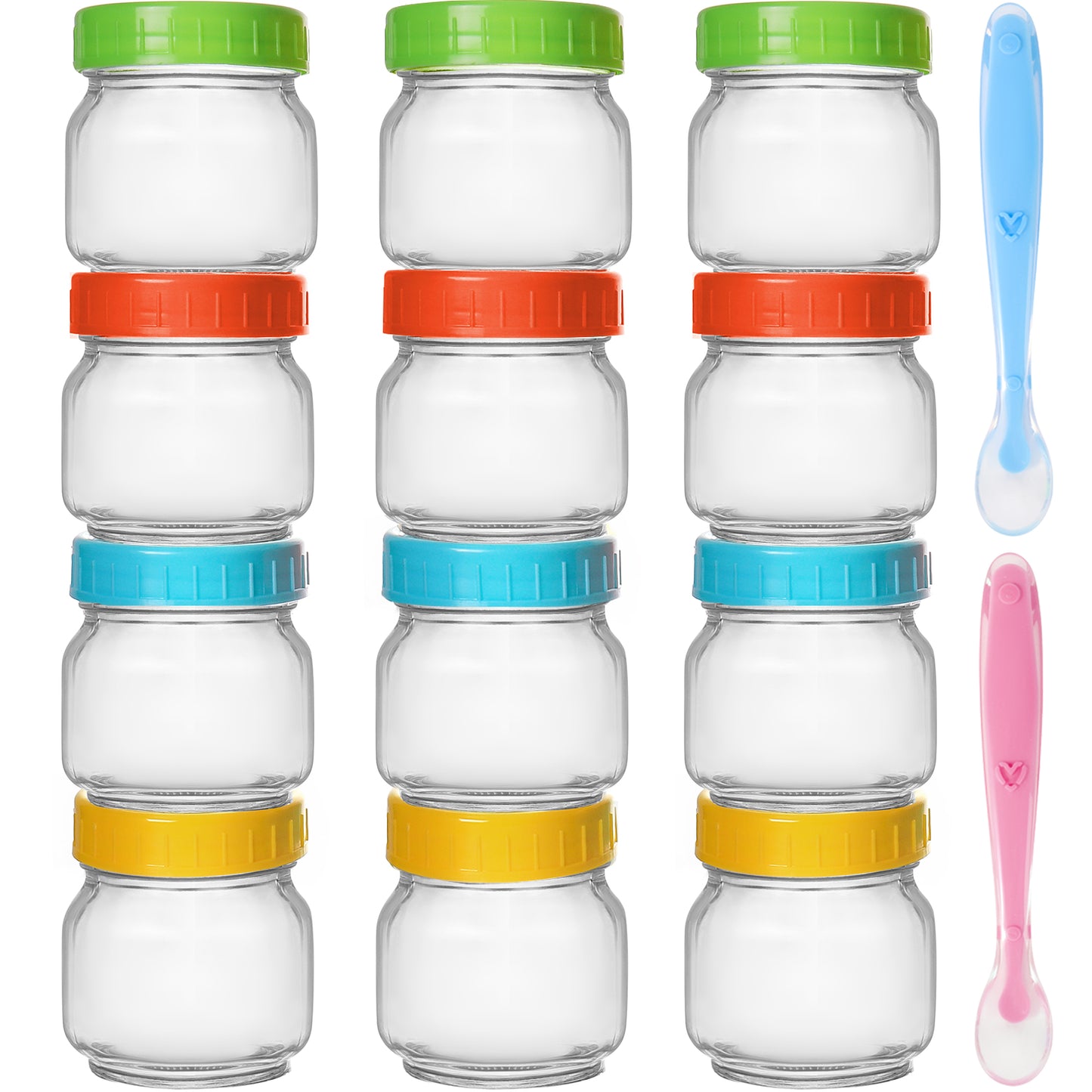 12 Pack 8 oz Premium Glass Baby Food Containers with Airtight Lids - Includes 2 Baby Spoons, Stackable and Microwave Safe