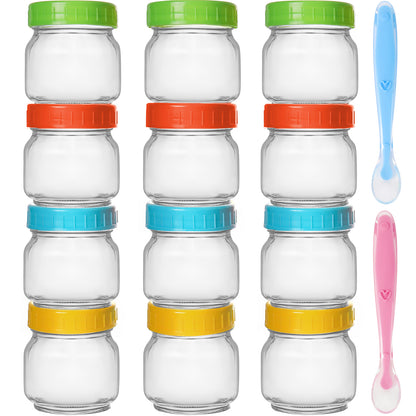 12 Pack 8 oz Premium Glass Baby Food Containers with Airtight Lids - Includes 2 Baby Spoons, Stackable and Microwave Safe