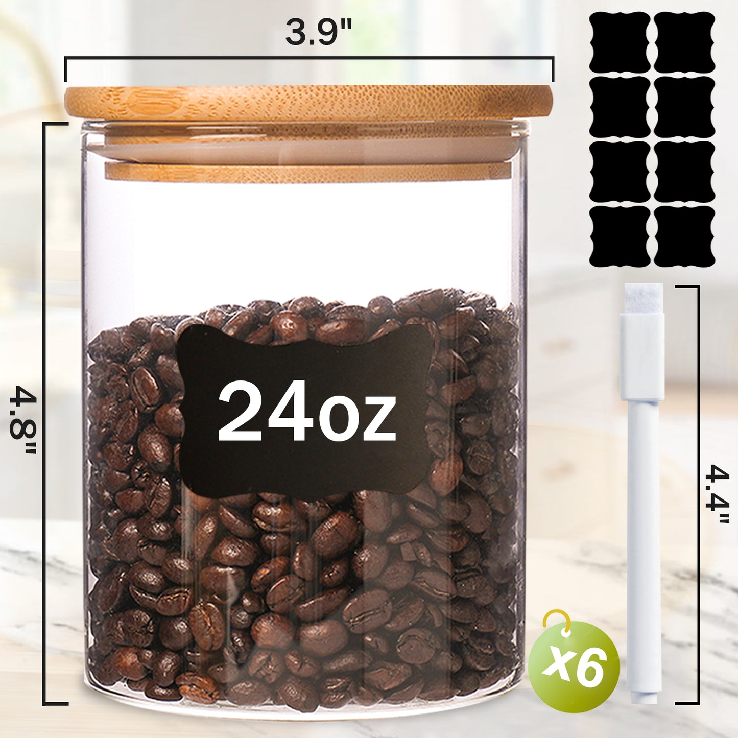 6-Pack 24 oz Glass Jars with Airtight Bamboo Lids - Food Storage Containers for Pantry, Spices, Cookies, and More - Durable Kitchen Canisters