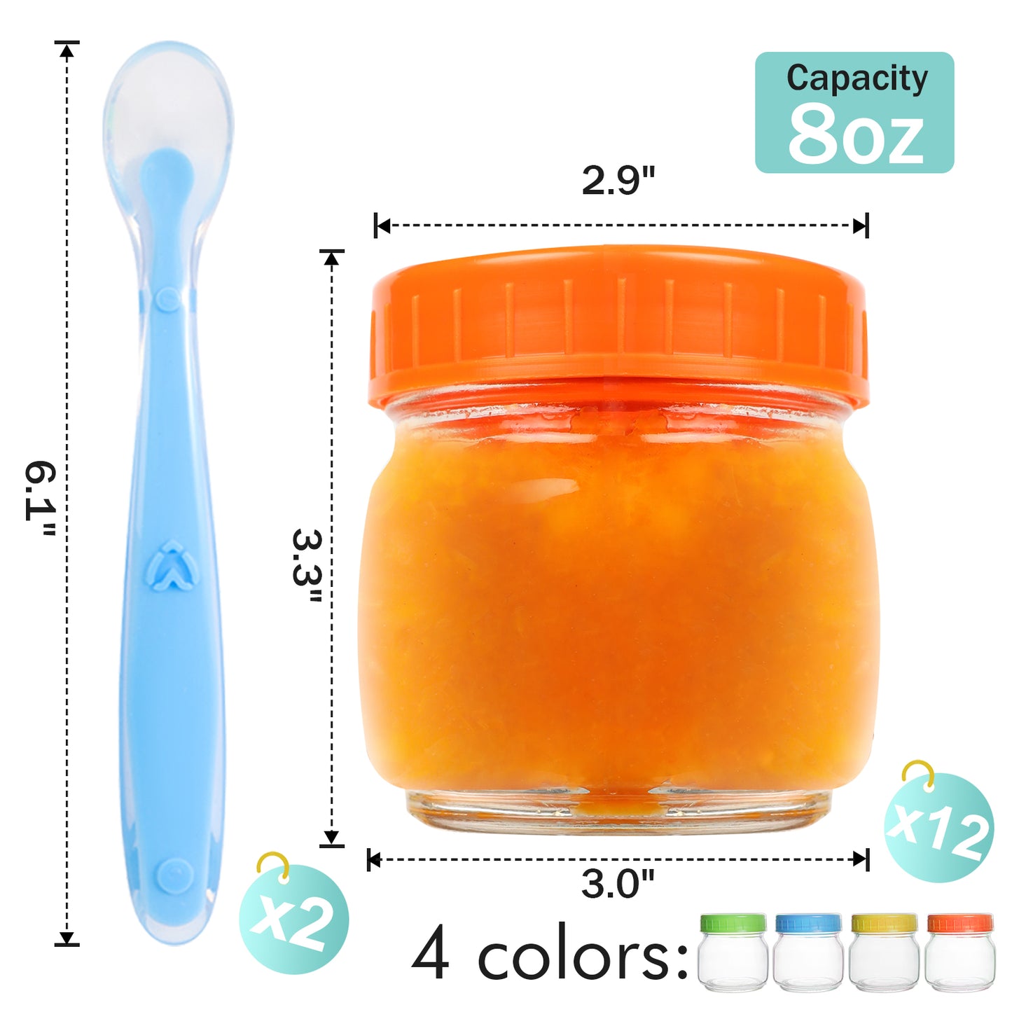 12 Pack 8 oz Premium Glass Baby Food Containers with Airtight Lids - Includes 2 Baby Spoons, Stackable and Microwave Safe