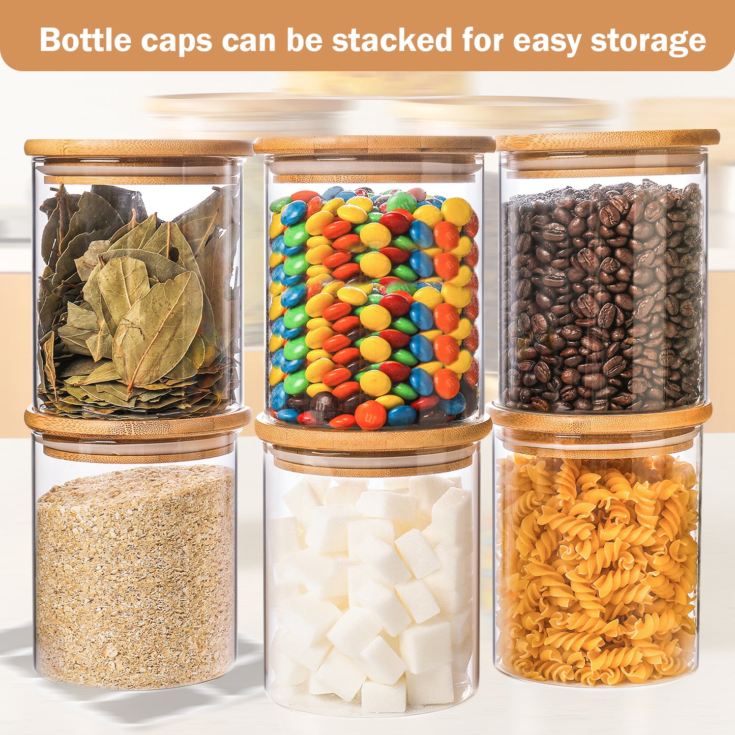 6-Pack 24 oz Glass Jars with Airtight Bamboo Lids - Food Storage Containers for Pantry, Spices, Cookies, and More - Durable Kitchen Canisters