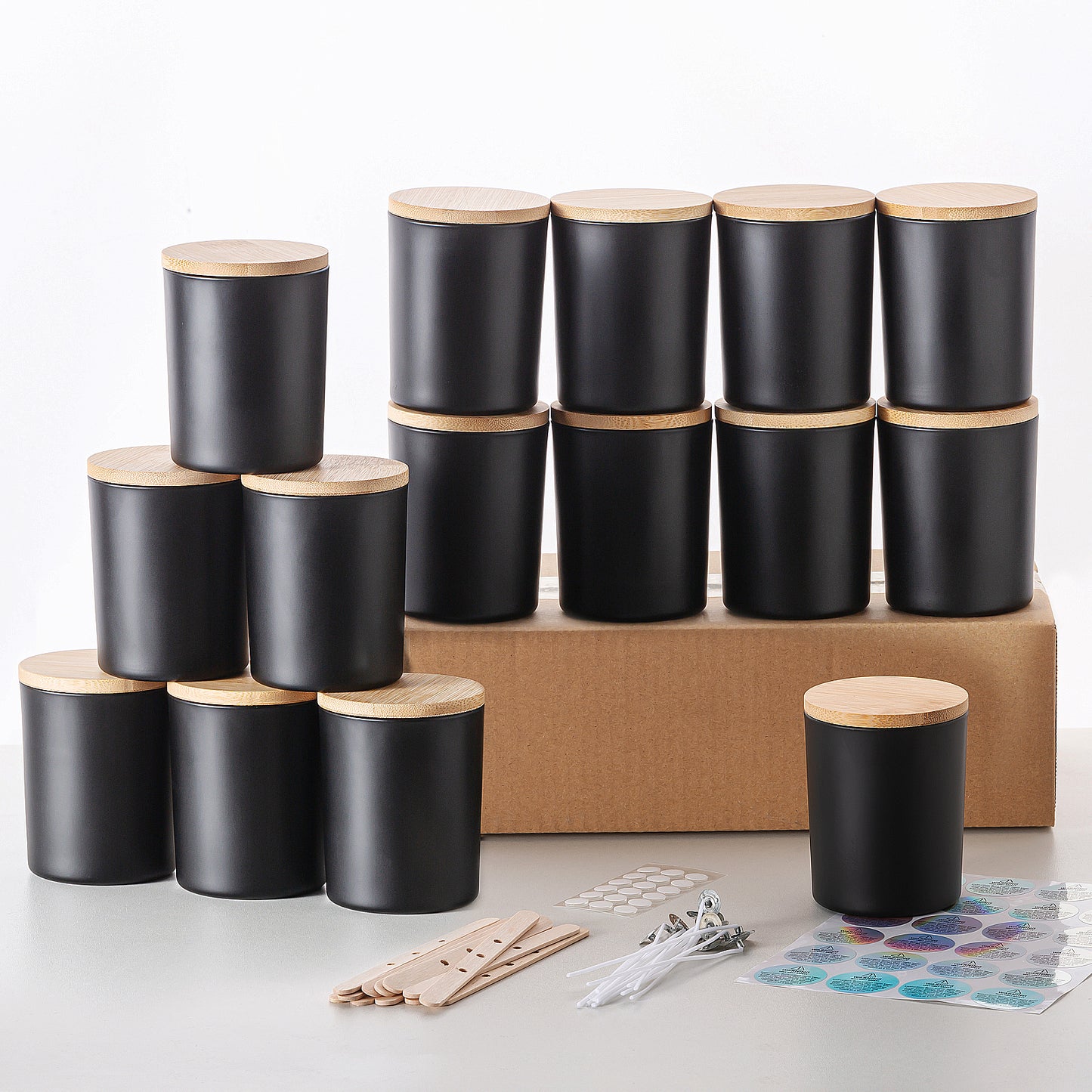 15 Pack 7 oz Matte Black Glass Candle Jars with Bamboo Lids – Candle Making Kit Includes Wick Holders, Wicks, Labels, and Glue Dots – Reusable and Multipurpose