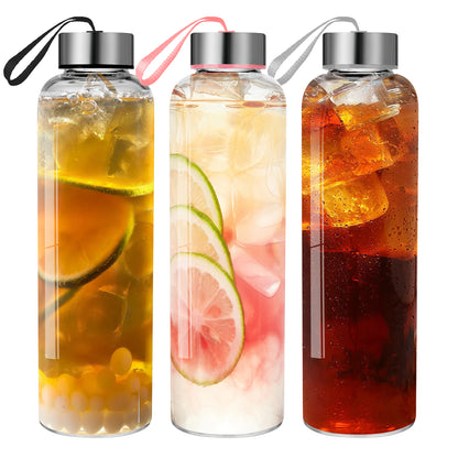 3-Pack 18 oz Glass Water Bottles with Lids – Reusable Juice Bottles, Wide Mouth for Easy Cleaning, Airtight Seals for Freshness, Perfect for Juices, Smoothies, and Refrigeration