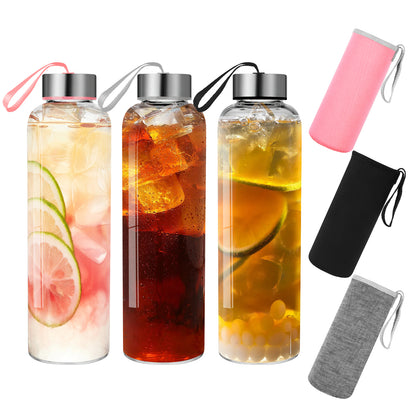 3-Pack 18 oz Glass Water Bottles with Sleeve and Lids – Ideal for Juices, Smoothies, and Reusable Liquid Storage, Wide Mouth Design for Easy Cleaning