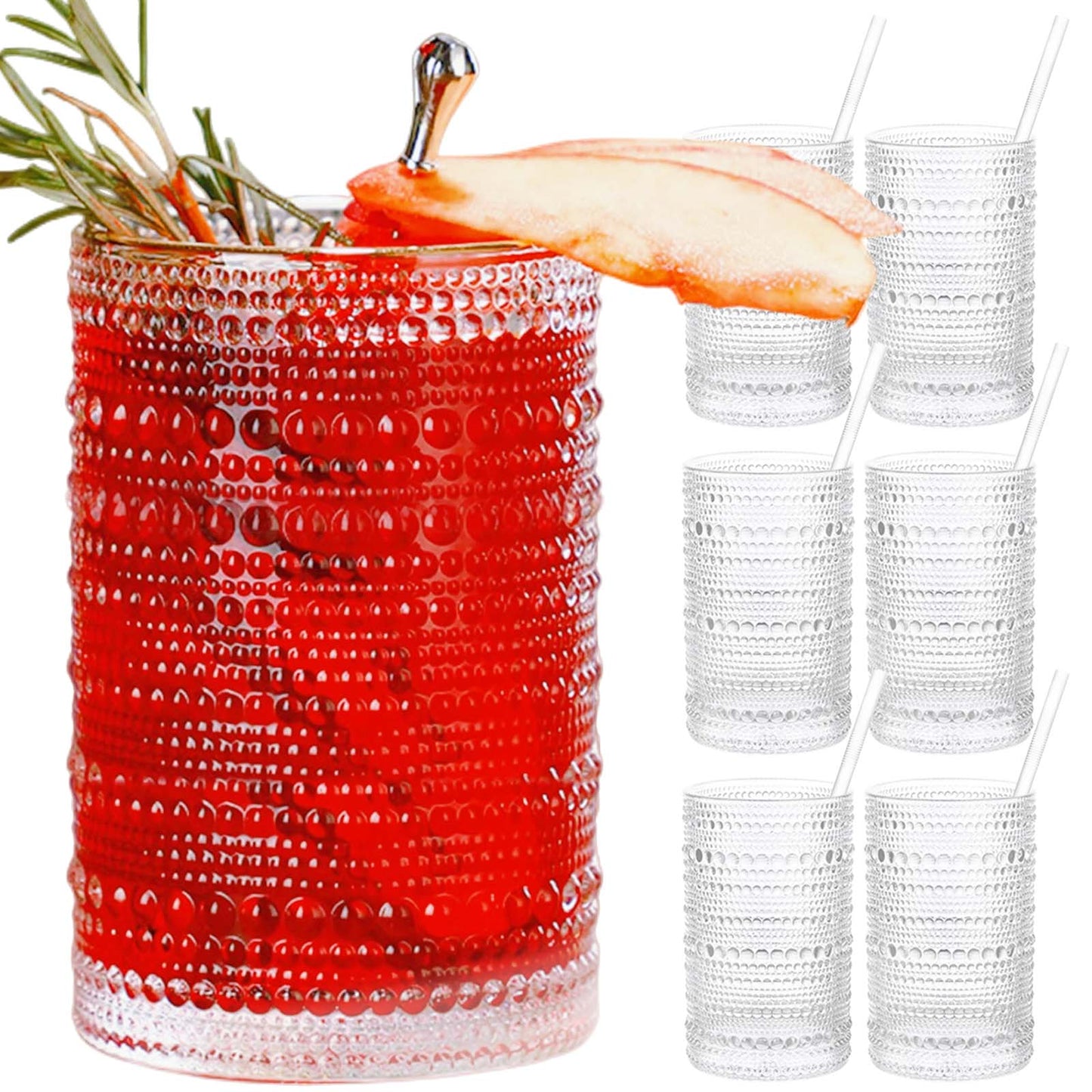 Vintage Hobnail Drinking Glasses Set of 6 - 15 oz Ribbed Highball Glasses, Classic Cocktail & Whiskey Glassware, Retro Stylish Drinkware with Straws, Durable & Elegant