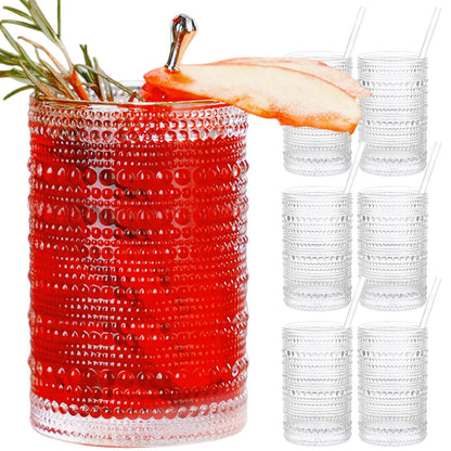 Vintage Hobnail Drinking Glasses Set of 6 - 15 oz Ribbed Highball Glasses, Classic Cocktail & Whiskey Glassware, Retro Stylish Drinkware with Straws, Durable & Elegant