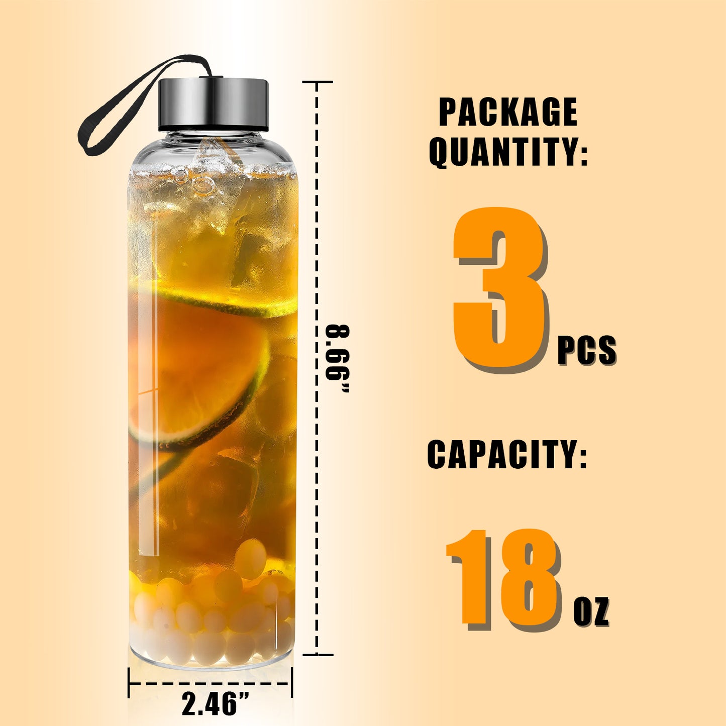 3-Pack 18 oz Glass Water Bottles with Lids – Reusable Juice Bottles, Wide Mouth for Easy Cleaning, Airtight Seals for Freshness, Perfect for Juices, Smoothies, and Refrigeration