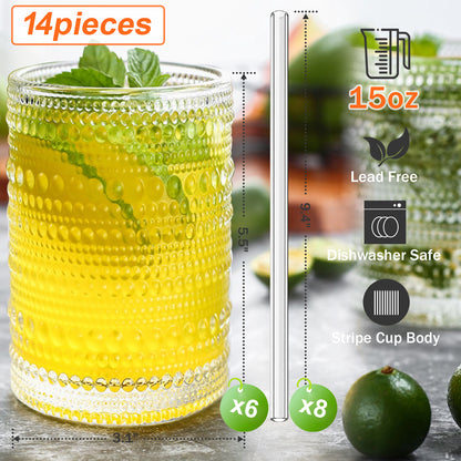 Vintage Hobnail Drinking Glasses Set of 6 - 15 oz Ribbed Highball Glasses, Classic Cocktail & Whiskey Glassware, Retro Stylish Drinkware with Straws, Durable & Elegant