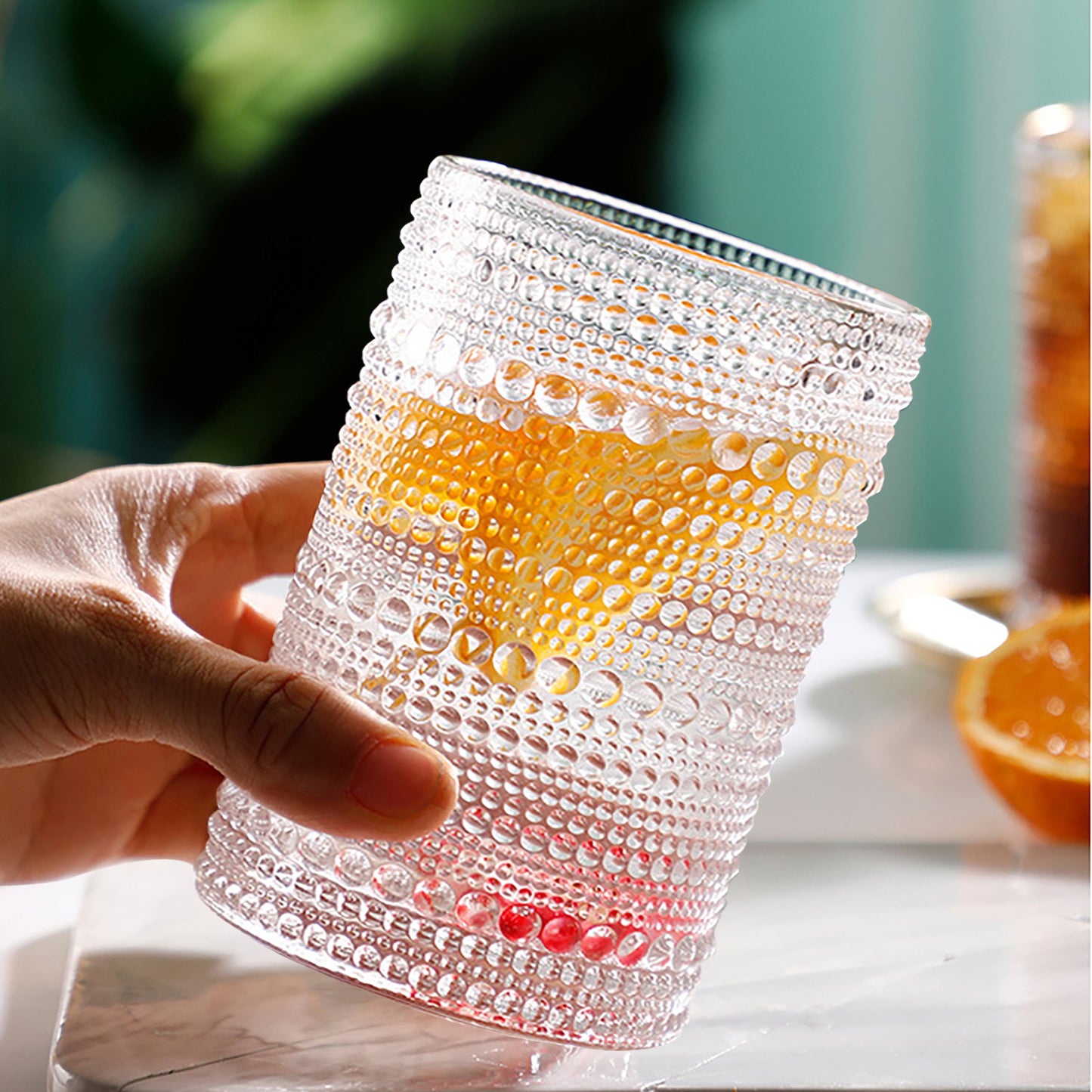 Vintage Hobnail Drinking Glasses Set of 6 - 15 oz Ribbed Highball Glasses, Classic Cocktail & Whiskey Glassware, Retro Stylish Drinkware with Straws, Durable & Elegant