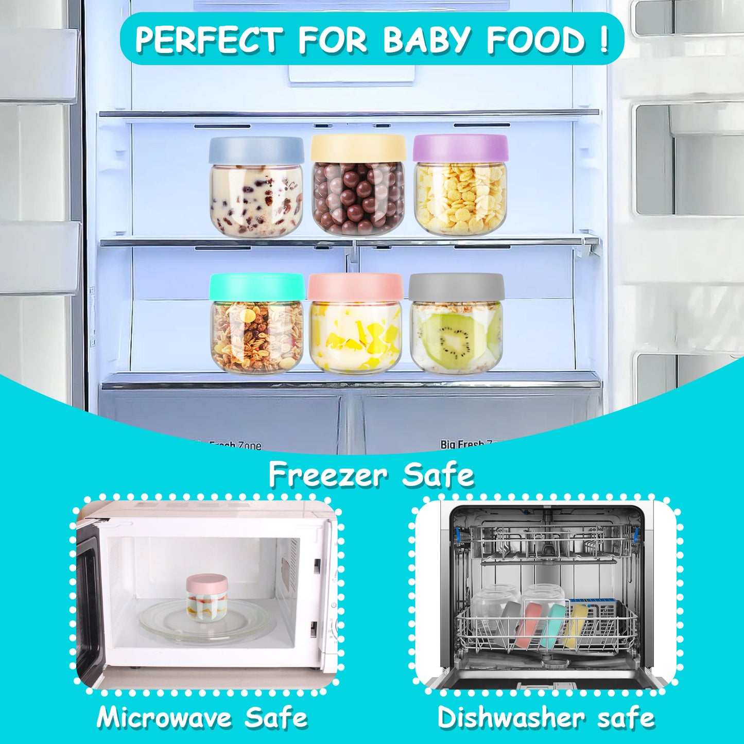 6-Pack 8 oz Glass Baby Food Containers with Lids, Shatterproof Jars for Breast Milk, Small Storage Jars, Microwave, Freezer & Fridge Safe