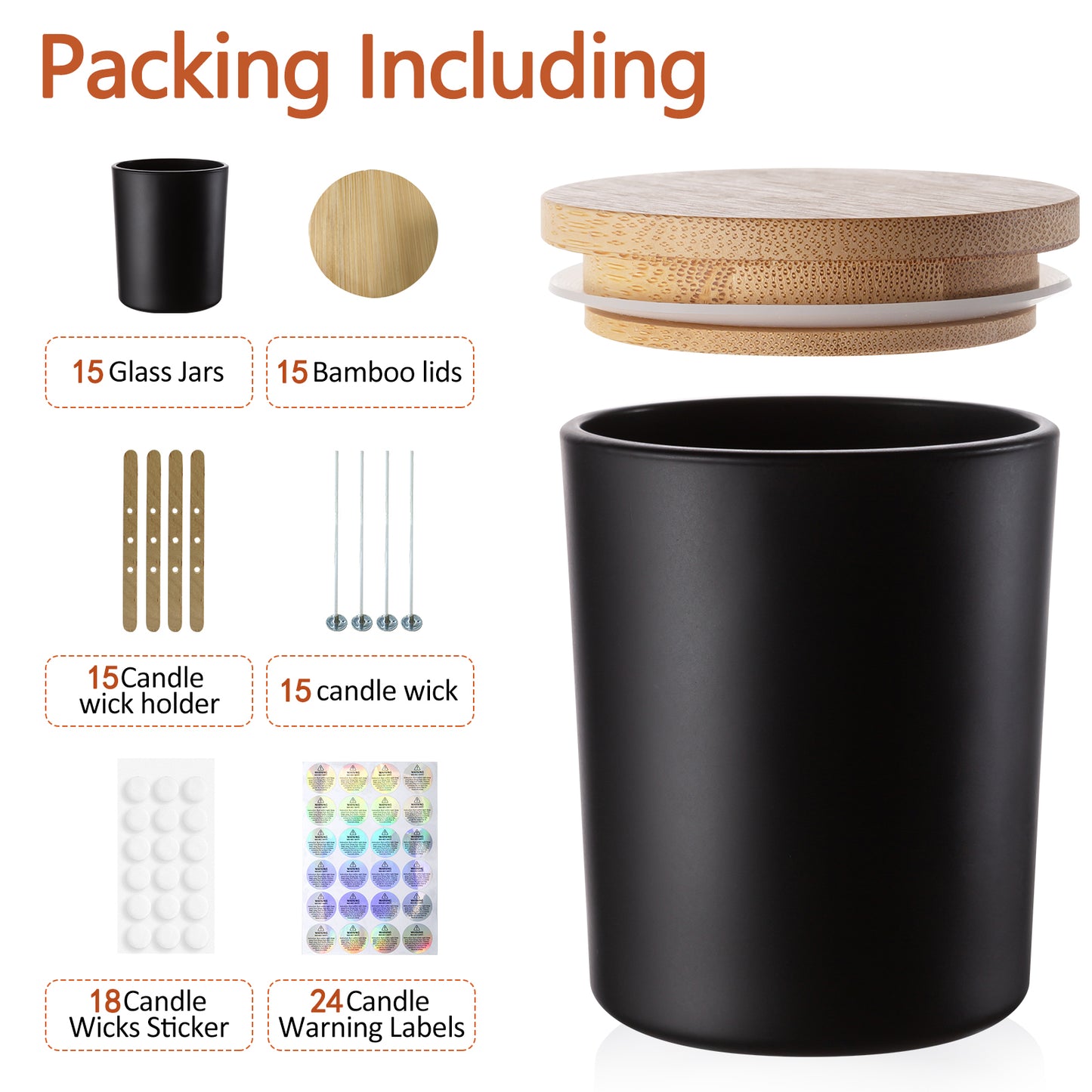 15 Pack 7 oz Matte Black Glass Candle Jars with Bamboo Lids – Candle Making Kit Includes Wick Holders, Wicks, Labels, and Glue Dots – Reusable and Multipurpose