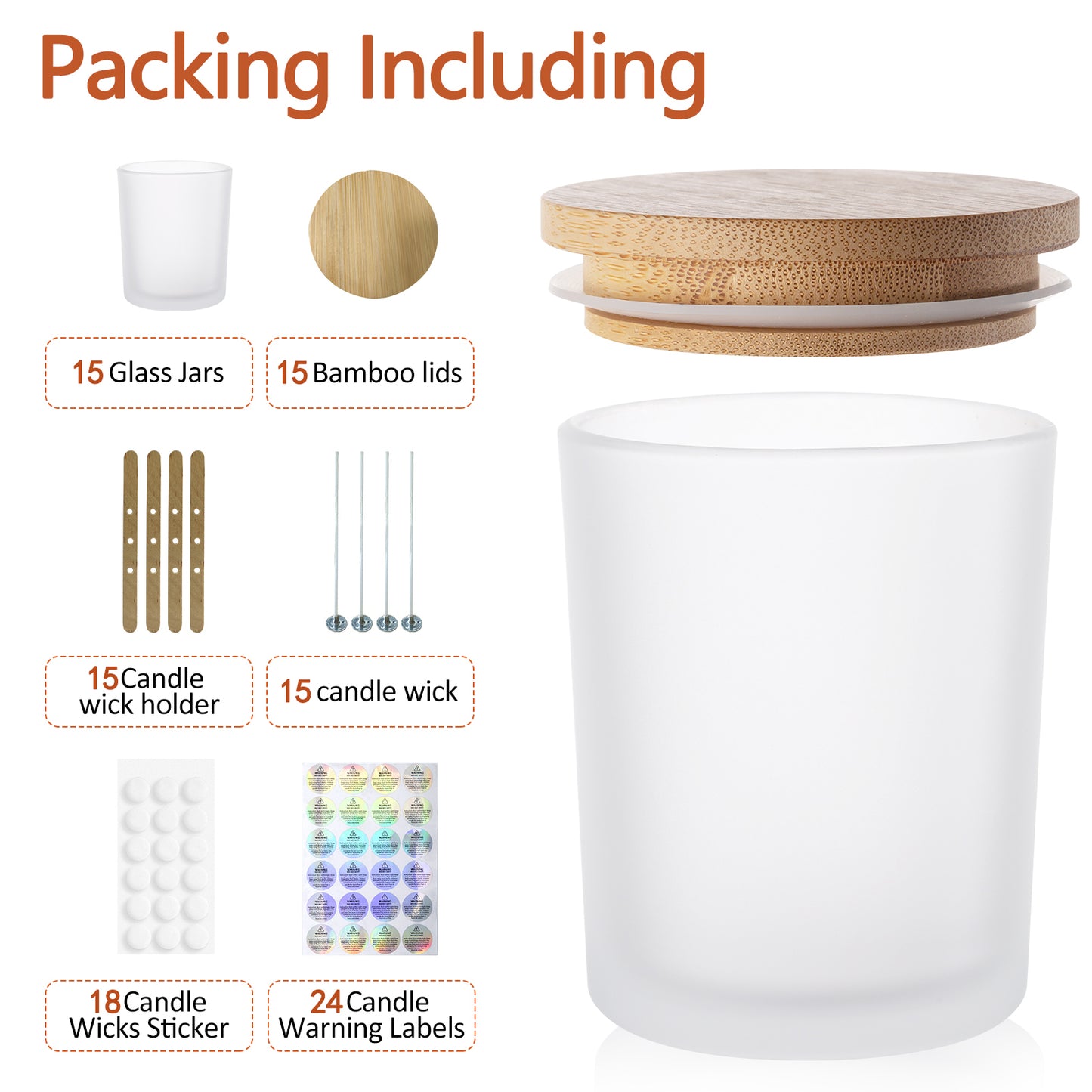 15 Pack 7 oz Clear Glass Candle Jars with Bamboo Lids – Candle Making Kit Includes Wick Holders, Wicks, Labels, and Glue Dots – Reusable and Versatile