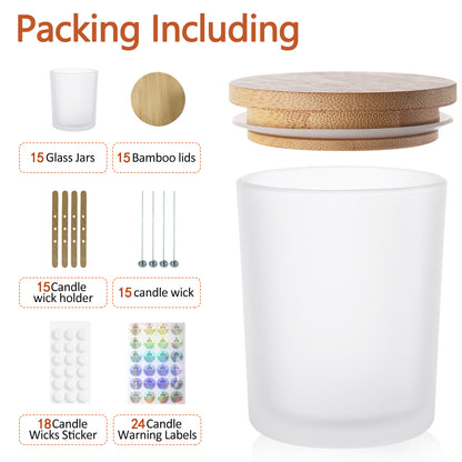 15 Pack 7 oz Clear Glass Candle Jars with Bamboo Lids – Candle Making Kit Includes Wick Holders, Wicks, Labels, and Glue Dots – Reusable and Versatile