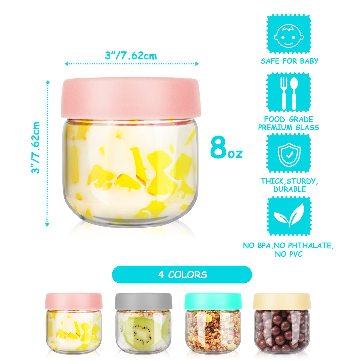 4-Pack 8 oz Glass Baby Food Containers with Lids, BPA-Free Storage Jars for Breast Milk, Fridge-Freezer & Microwave Safe
