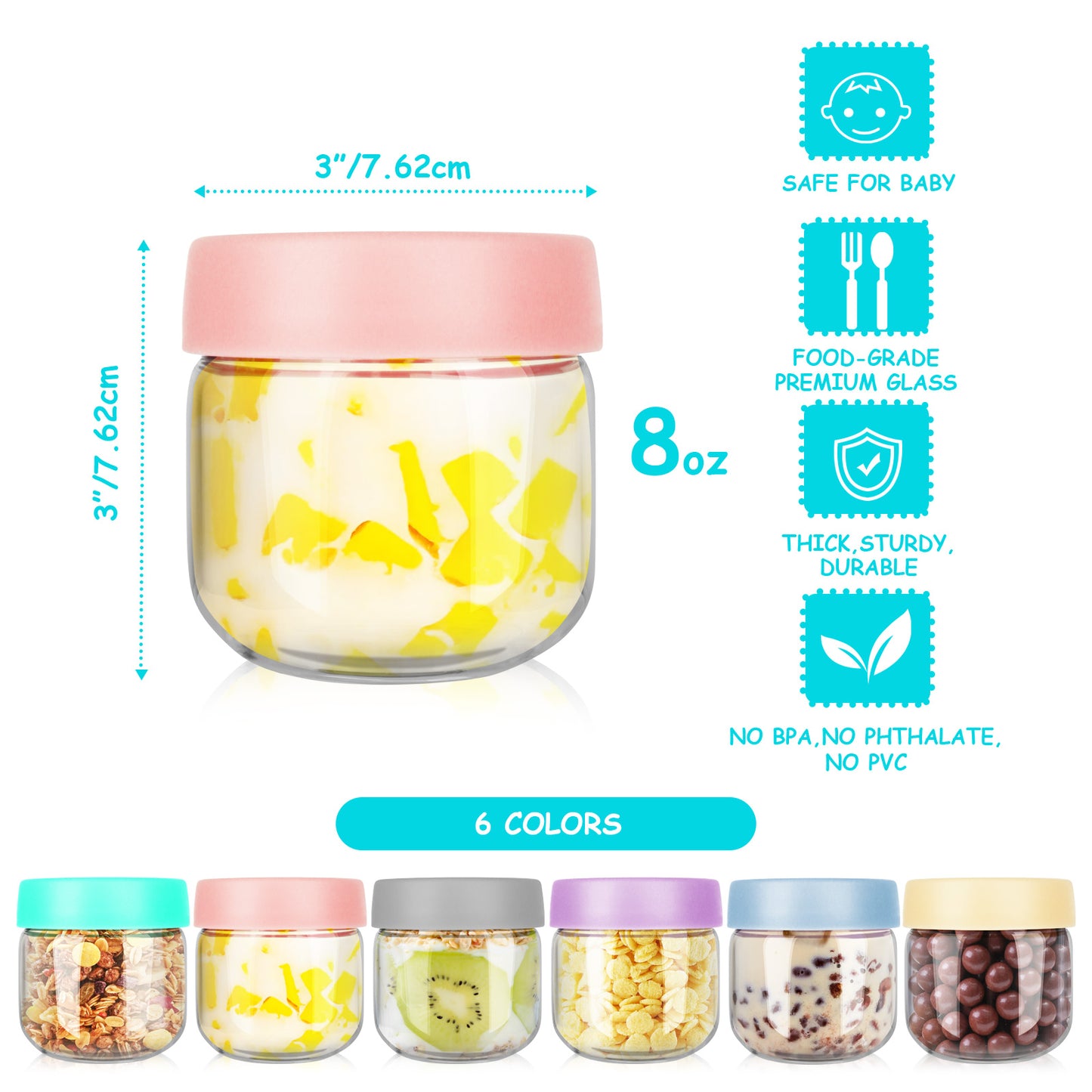 6-Pack 8 oz Glass Baby Food Containers with Lids, Shatterproof Jars for Breast Milk, Small Storage Jars, Microwave, Freezer & Fridge Safe