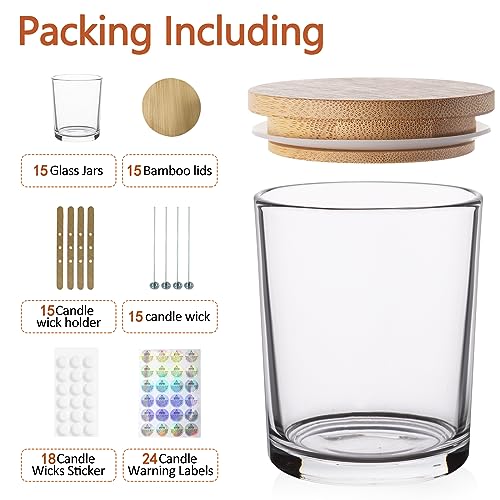15 Pack 7 oz Clear Glass Candle Jars with Bamboo Lids – Candle Making Kit Includes Wick Holders, Wicks, Labels, and Glue Dots – Reusable and Versatile