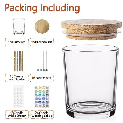 15 Pack 7 oz Clear Glass Candle Jars with Bamboo Lids – Candle Making Kit Includes Wick Holders, Wicks, Labels, and Glue Dots – Reusable and Versatile