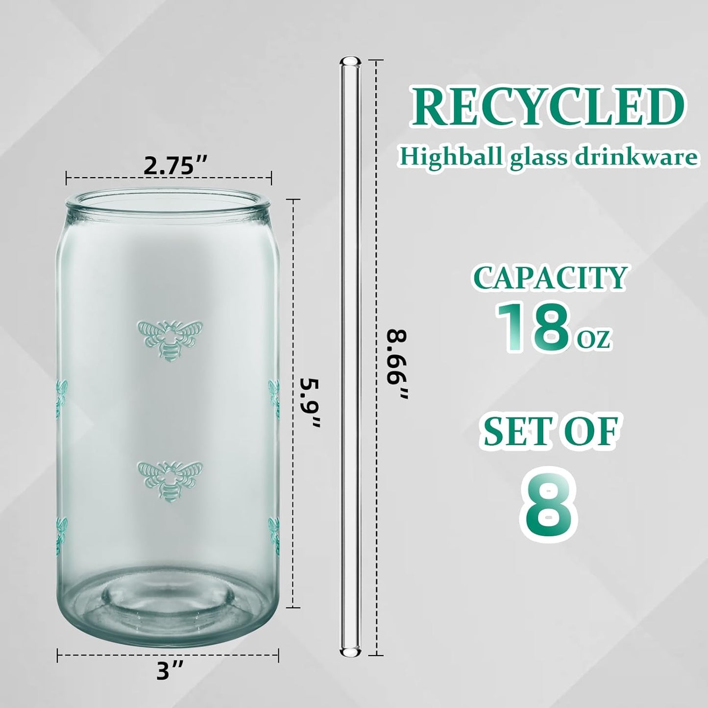 18 oz Can Shaped Drinking Glasses - Set of 8 with Reusable Straws, Embossed Bee Design, Recycled Glass Tumbler for Beer, Iced Coffee, Juice