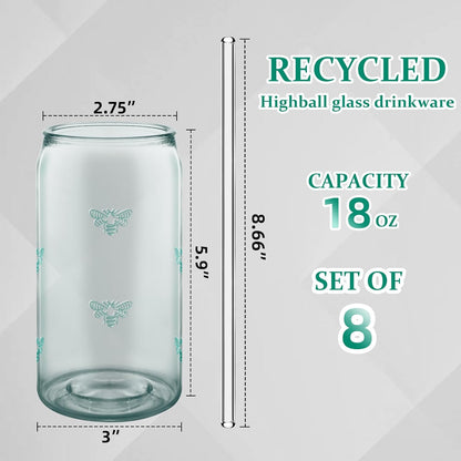 18 oz Can Shaped Drinking Glasses - Set of 8 with Reusable Straws, Embossed Bee Design, Recycled Glass Tumbler for Beer, Iced Coffee, Juice