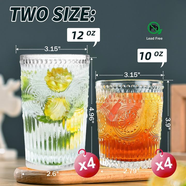 Vintage Striped Glassware Set of 8 - Textured Drinking Glasses, 4 Highball 12oz & 4 Rocks 10oz, Juice and Cocktail Cups, Ideal for Home and Bar