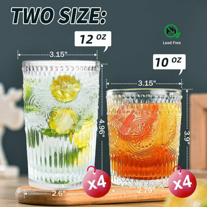 Vintage Striped Glassware Set of 8 - Textured Drinking Glasses, 4 Highball 12oz & 4 Rocks 10oz, Juice and Cocktail Cups, Ideal for Home and Bar