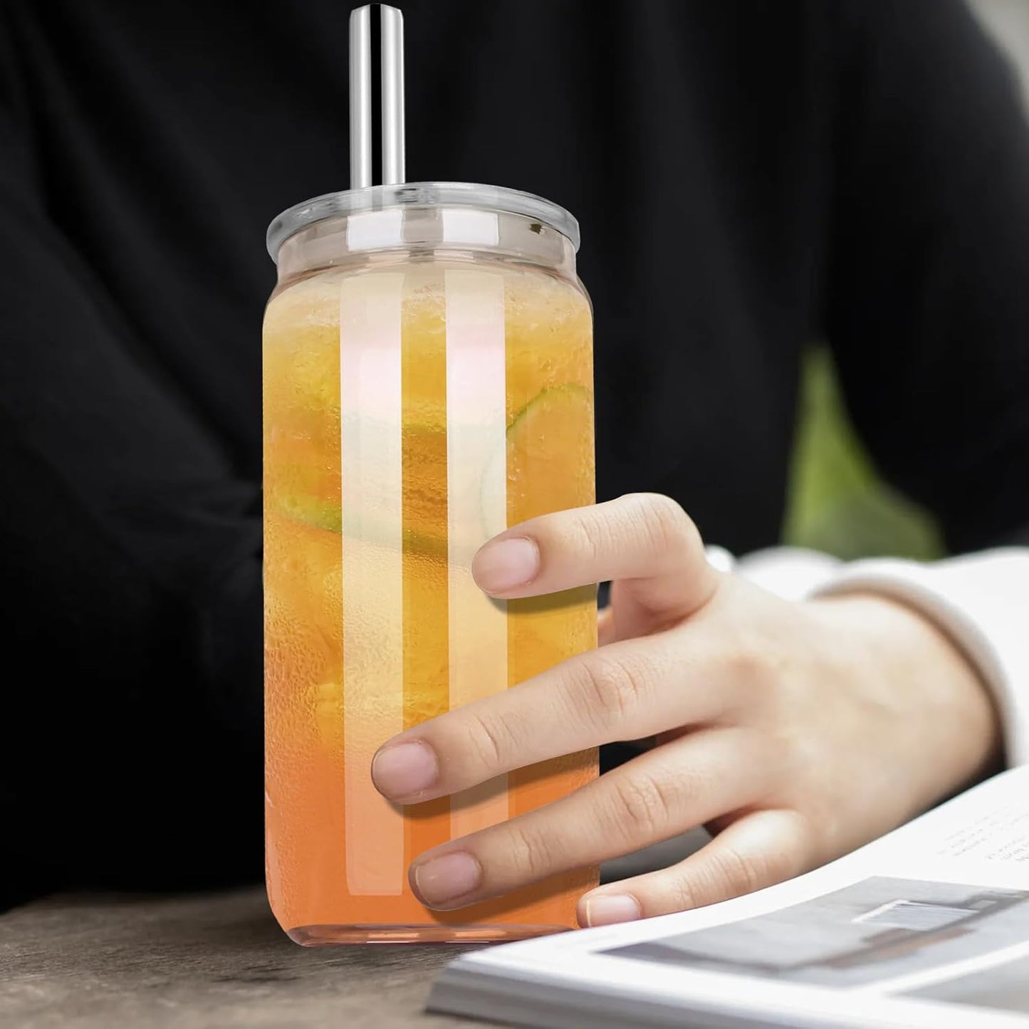 6 Pcs 20 oz Can-Shaped Drinking Glasses with Multicolor Acrylic Lids, Stainless Straws - Ideal for Iced Coffee, Cocktails, Beer, and More