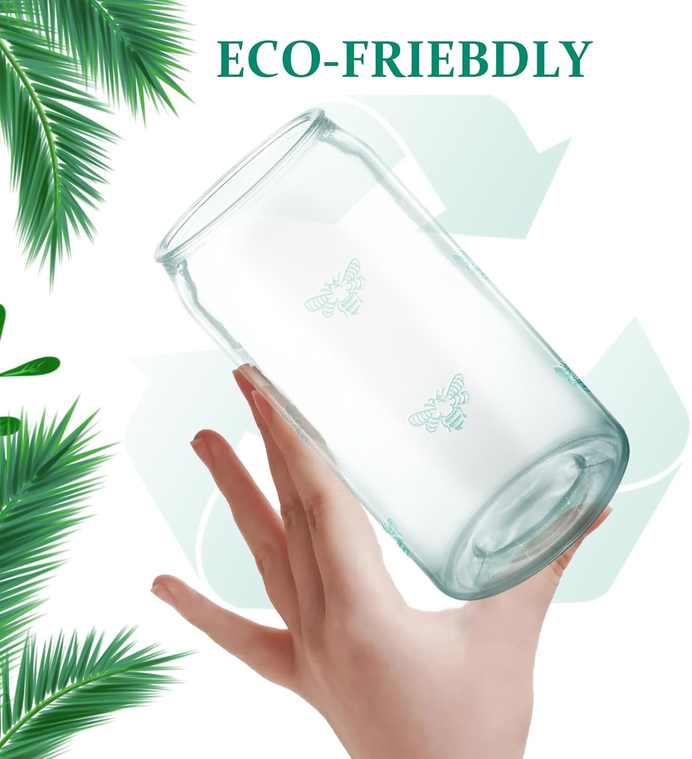 18 oz Can Shaped Drinking Glasses - Set of 8 with Reusable Straws, Embossed Bee Design, Recycled Glass Tumbler for Beer, Iced Coffee, Juice