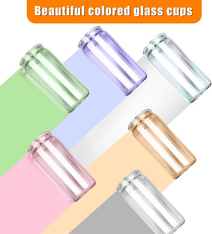 6 Pcs 20 oz Can-Shaped Drinking Glasses with Multicolor Acrylic Lids, Stainless Straws - Ideal for Iced Coffee, Cocktails, Beer, and More