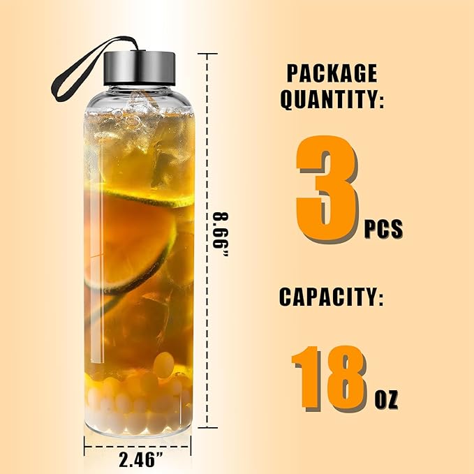 3-Pack 18 oz Glass Water Bottles with Sleeve and Lids – Ideal for Juices, Smoothies, and Reusable Liquid Storage, Wide Mouth Design for Easy Cleaning