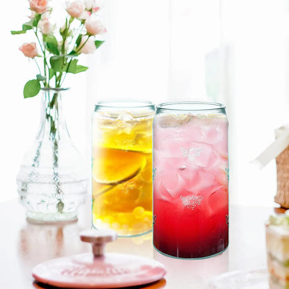 18 oz Can Shaped Drinking Glasses - Set of 8 with Reusable Straws, Embossed Bee Design, Recycled Glass Tumbler for Beer, Iced Coffee, Juice