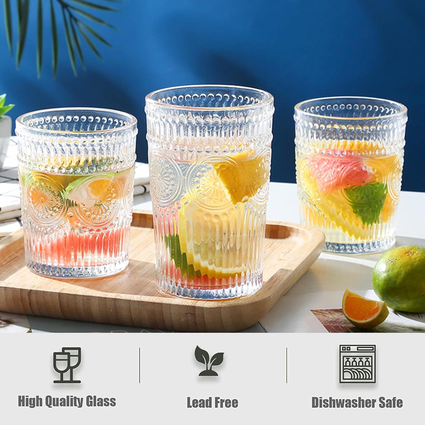Vintage Striped Glassware Set of 8 - Textured Drinking Glasses, 4 Highball 12oz & 4 Rocks 10oz, Juice and Cocktail Cups, Ideal for Home and Bar