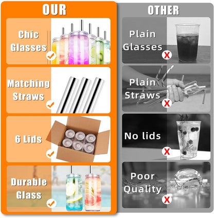6 Pcs 20 oz Can-Shaped Drinking Glasses with Multicolor Acrylic Lids, Stainless Straws - Ideal for Iced Coffee, Cocktails, Beer, and More