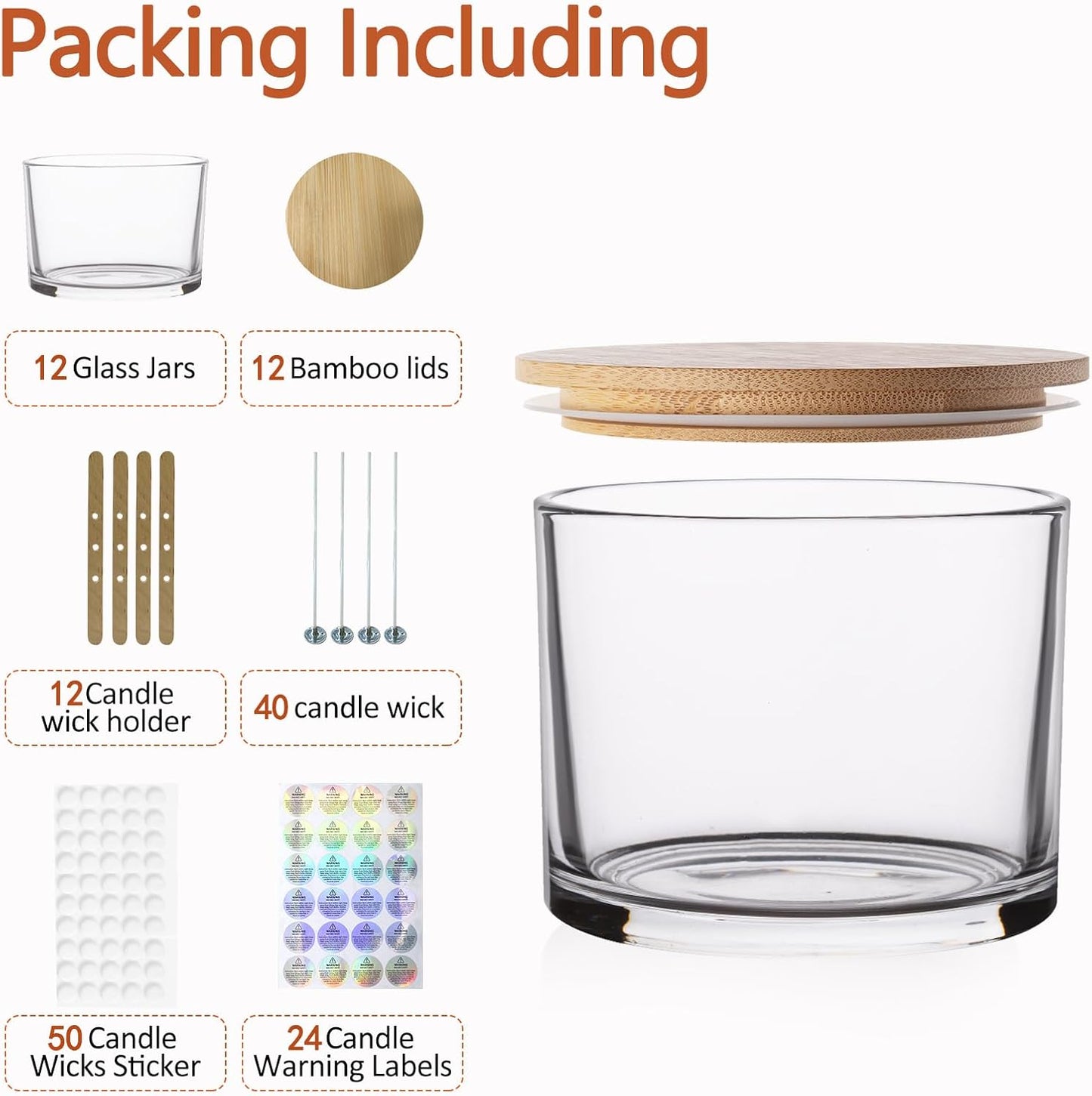 12 Pack 14 oz Clear Glass Candle Jars with Bamboo Lids – Candle Making Kit Includes Wick Holders, Wicks, Labels, and Glue Dots – Reusable and Multipurpose