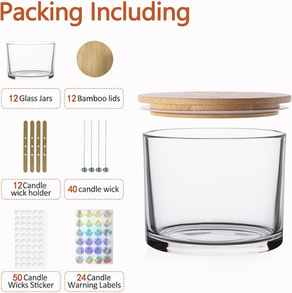 12 Pack 14 oz Clear Glass Candle Jars with Bamboo Lids – Candle Making Kit Includes Wick Holders, Wicks, Labels, and Glue Dots – Reusable and Multipurpose