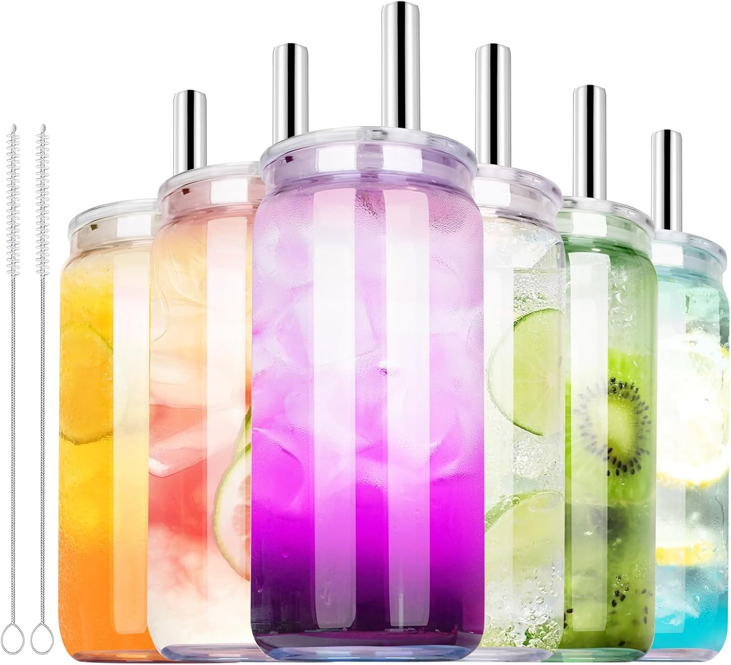 6 Pcs 20 oz Can-Shaped Drinking Glasses with Multicolor Acrylic Lids, Stainless Straws - Ideal for Iced Coffee, Cocktails, Beer, and More