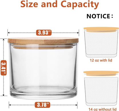 12 Pack 14 oz Clear Glass Candle Jars with Bamboo Lids – Candle Making Kit Includes Wick Holders, Wicks, Labels, and Glue Dots – Reusable and Multipurpose