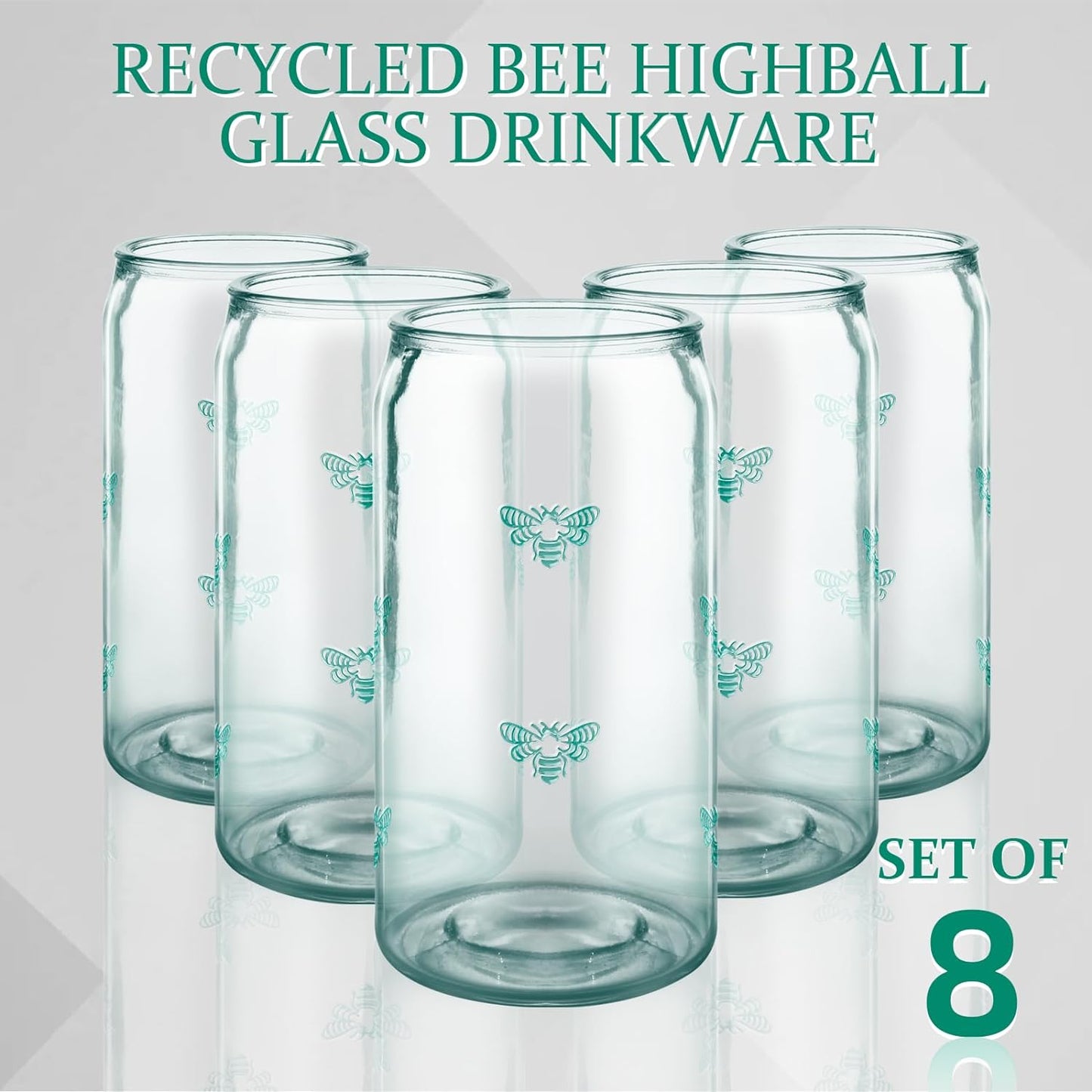 18 oz Can Shaped Drinking Glasses - Set of 8 with Reusable Straws, Embossed Bee Design, Recycled Glass Tumbler for Beer, Iced Coffee, Juice