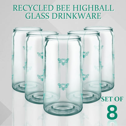 18 oz Can Shaped Drinking Glasses - Set of 8 with Reusable Straws, Embossed Bee Design, Recycled Glass Tumbler for Beer, Iced Coffee, Juice