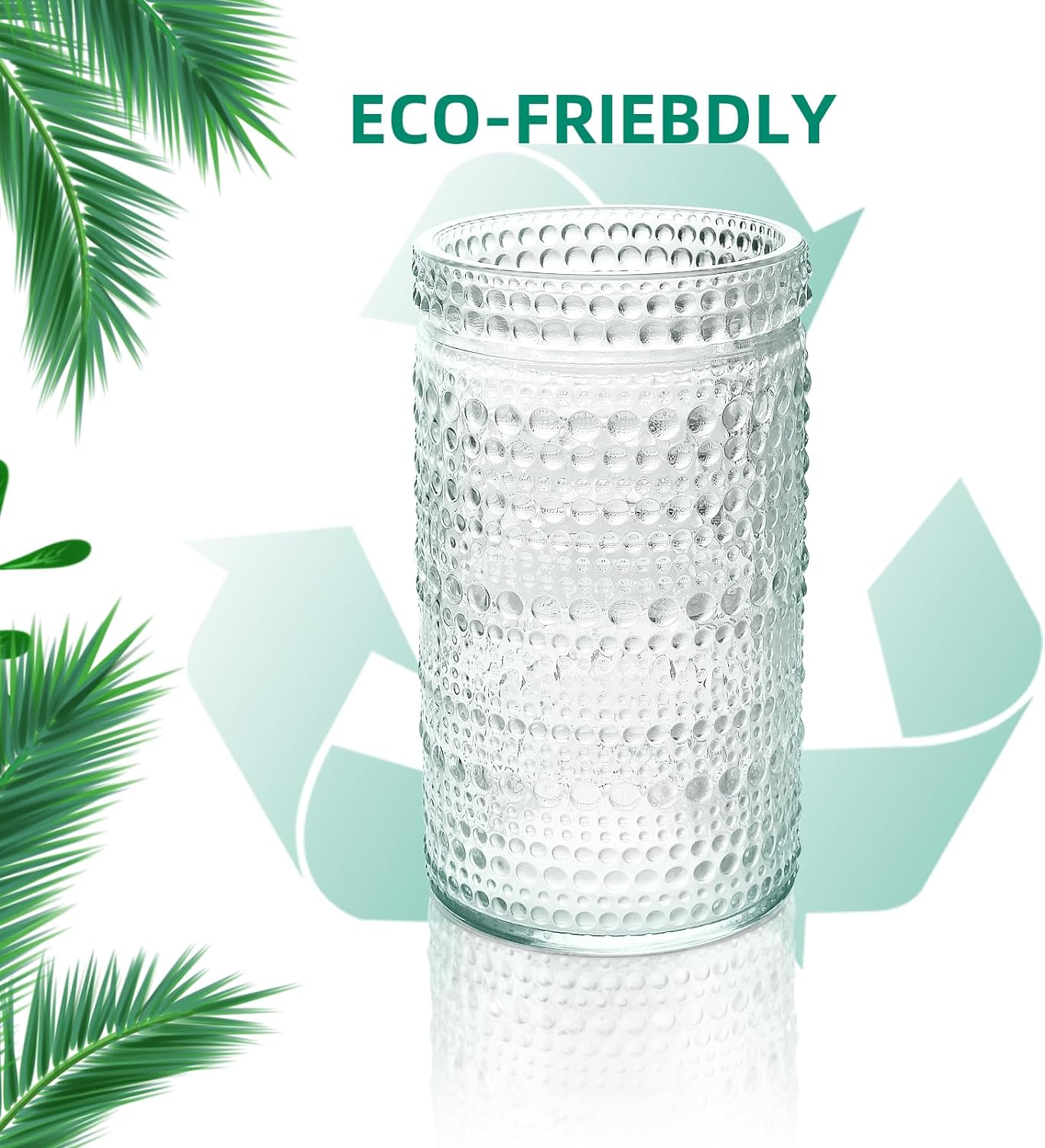 Hobnail Drinking Glasses Set of 8 - 16 oz Handmade Recycled Glass Beaded Cups, Vintage Style for Whiskey, Wine, Cocktails